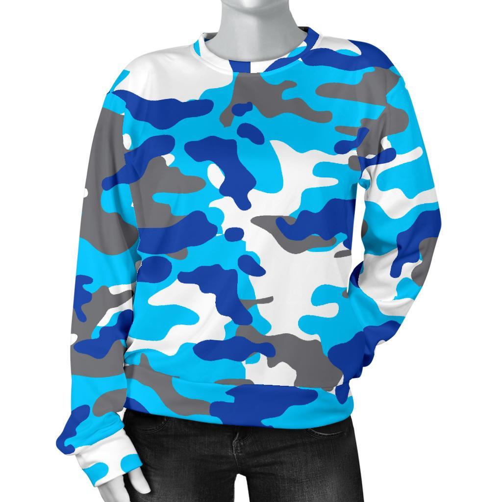 Blue Snow Camouflage Print Women's Crewneck Sweatshirt GearFrost