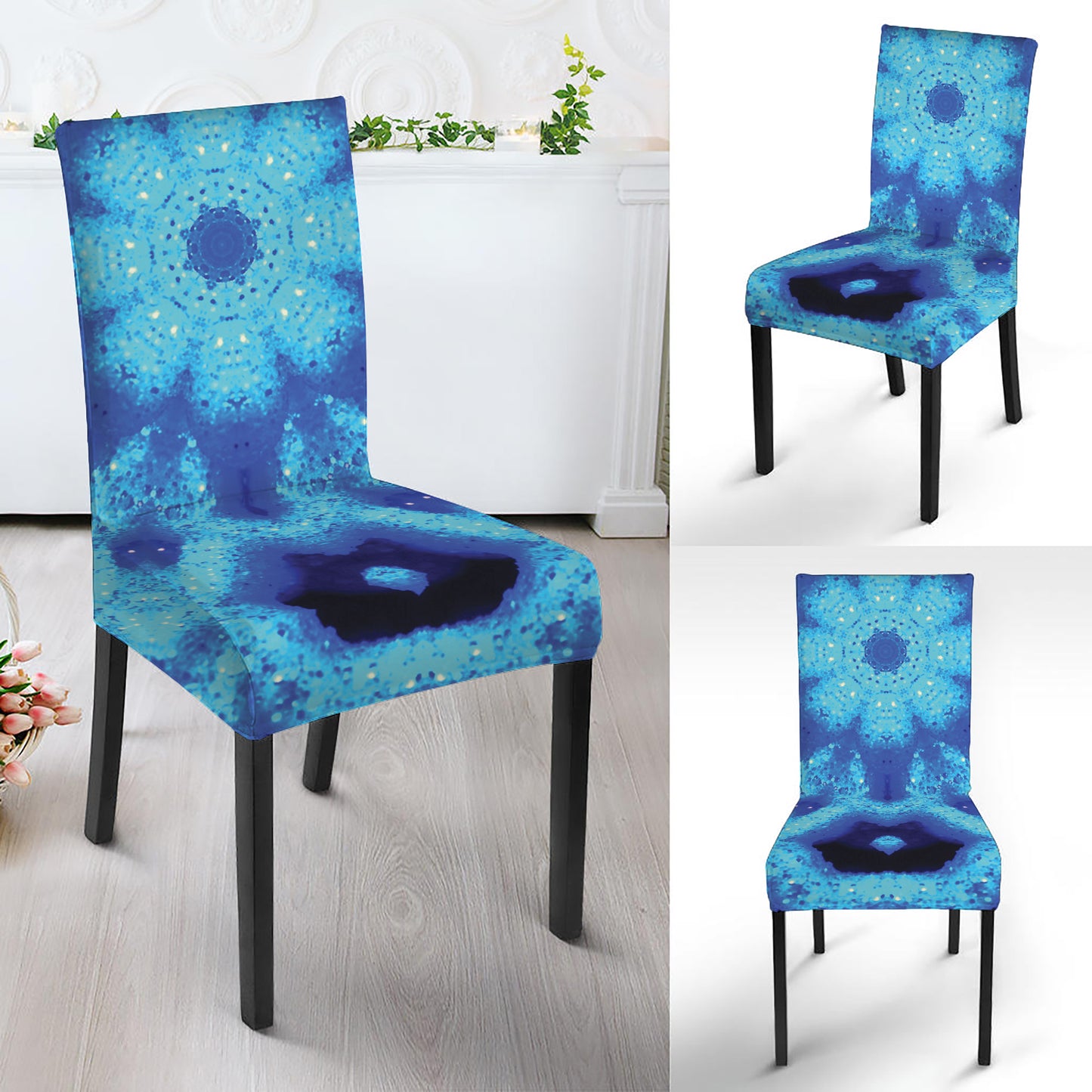 Blue Snowflake Kaleidoscope Print Dining Chair Slipcover