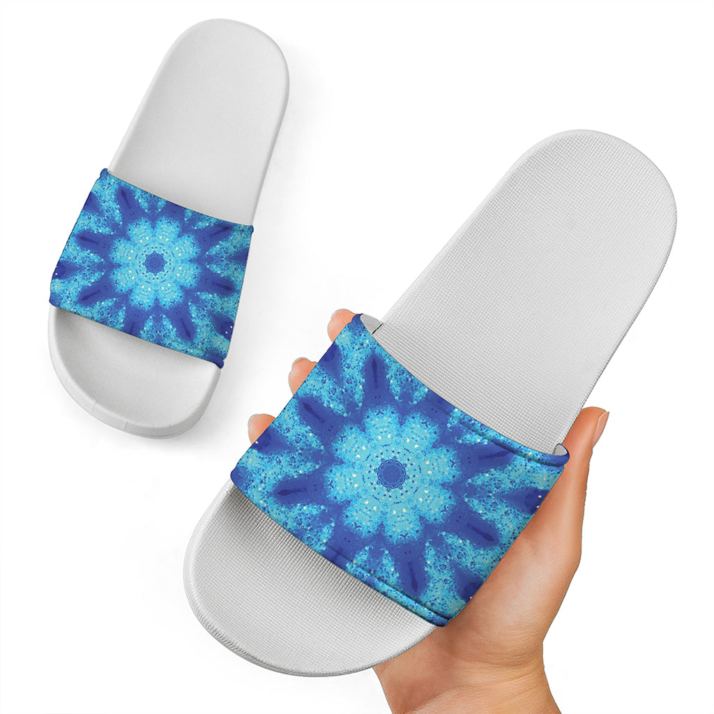 Blue Snowflake Kaleidoscope Print White Slide Sandals