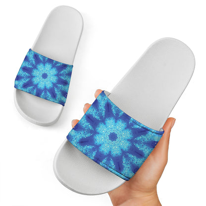 Blue Snowflake Kaleidoscope Print White Slide Sandals