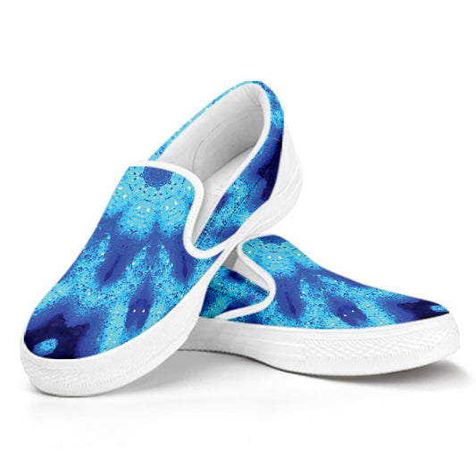 Blue Snowflake Kaleidoscope Print White Slip On Shoes