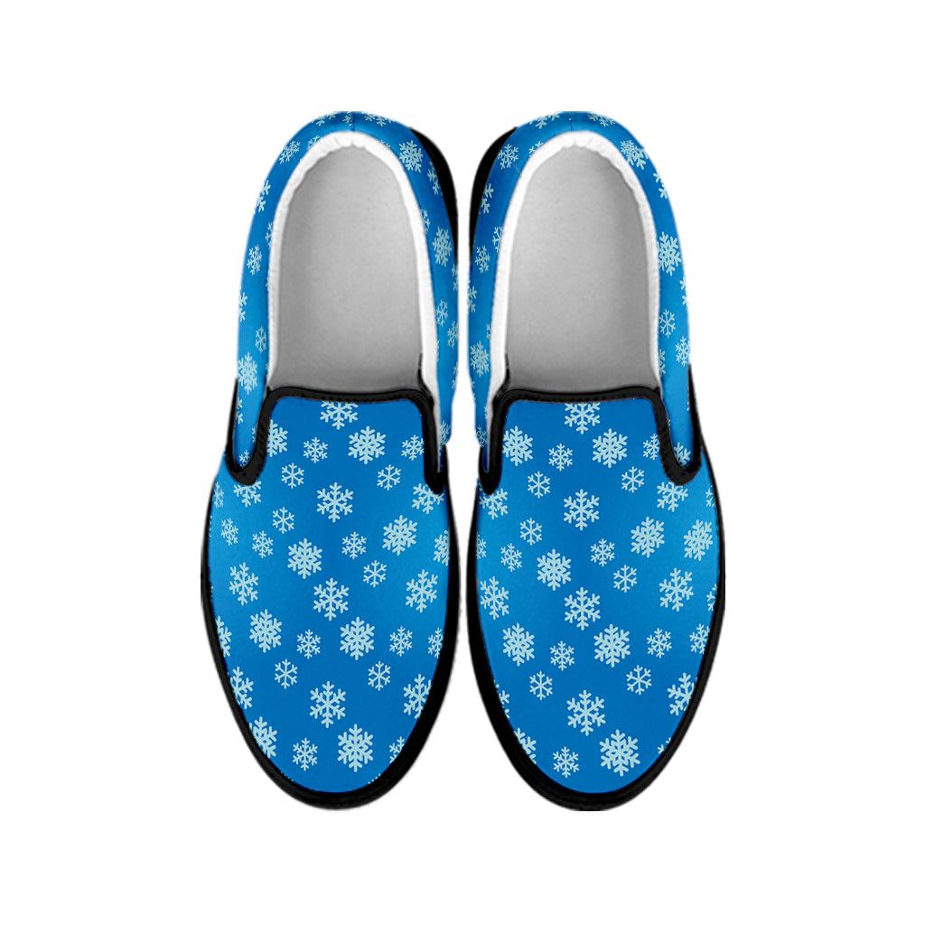 Blue Snowflake Pattern Print Black Slip On Shoes
