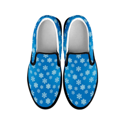 Blue Snowflake Pattern Print Black Slip On Shoes