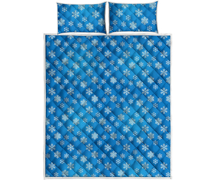 Blue Snowflake Pattern Print Quilt Bed Set