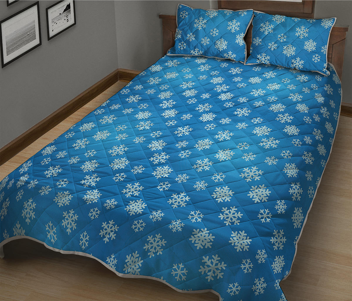 Blue Snowflake Pattern Print Quilt Bed Set