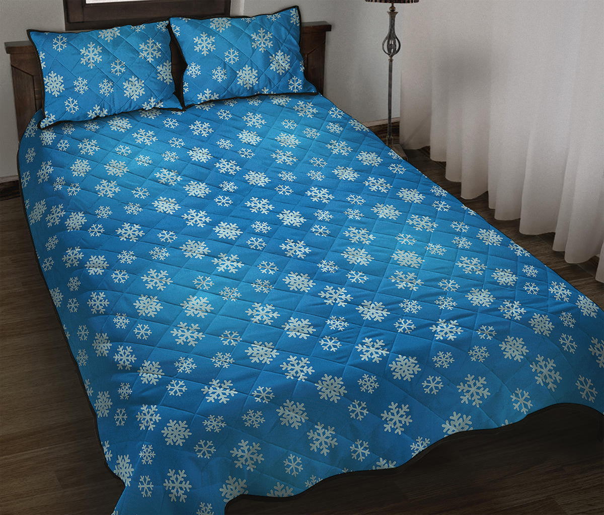 Blue Snowflake Pattern Print Quilt Bed Set