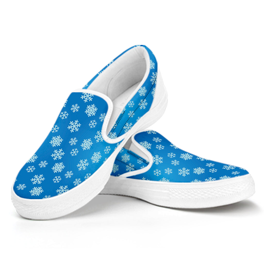 Blue Snowflake Pattern Print White Slip On Shoes
