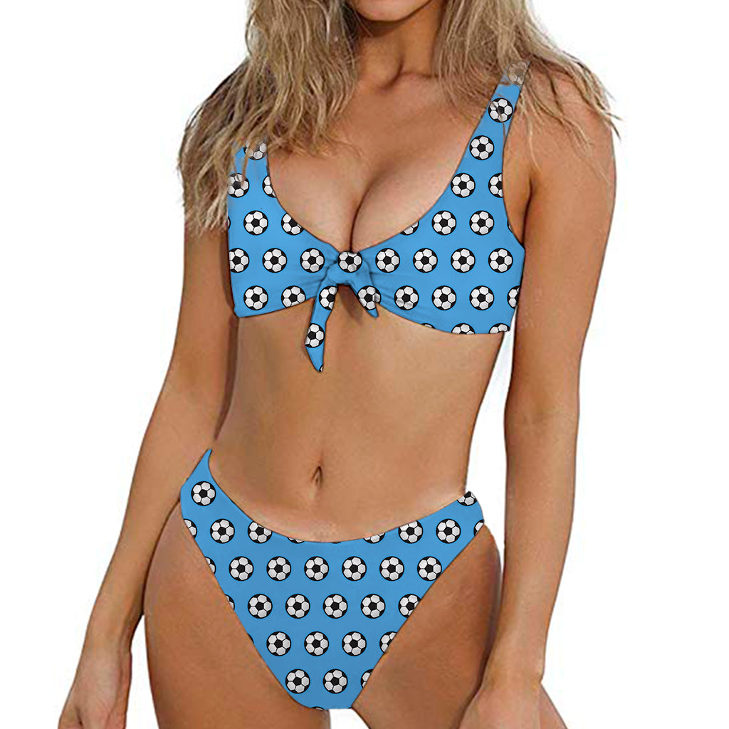 Blue Soccer Ball Pattern Print Front Bow Tie Bikini