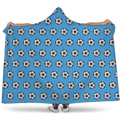 Blue Soccer Ball Pattern Print Hooded Blanket