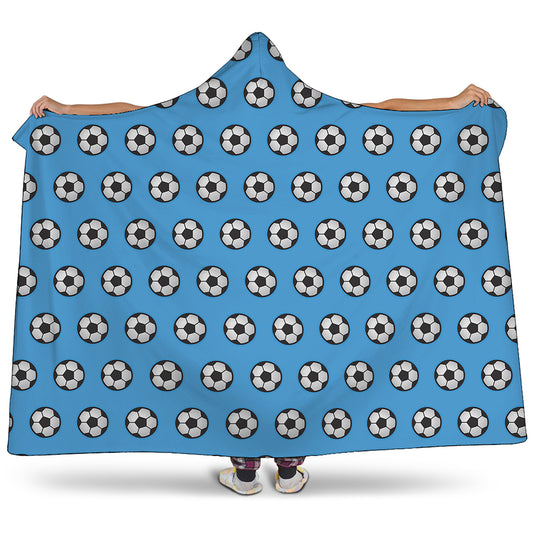 Blue Soccer Ball Pattern Print Hooded Blanket