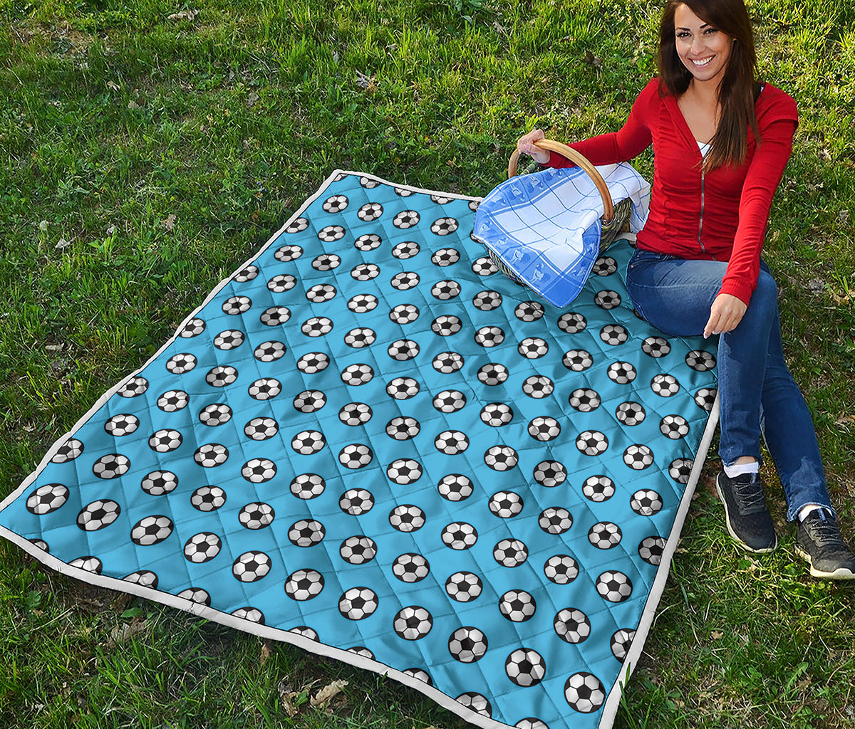 Blue Soccer Ball Pattern Print Quilt