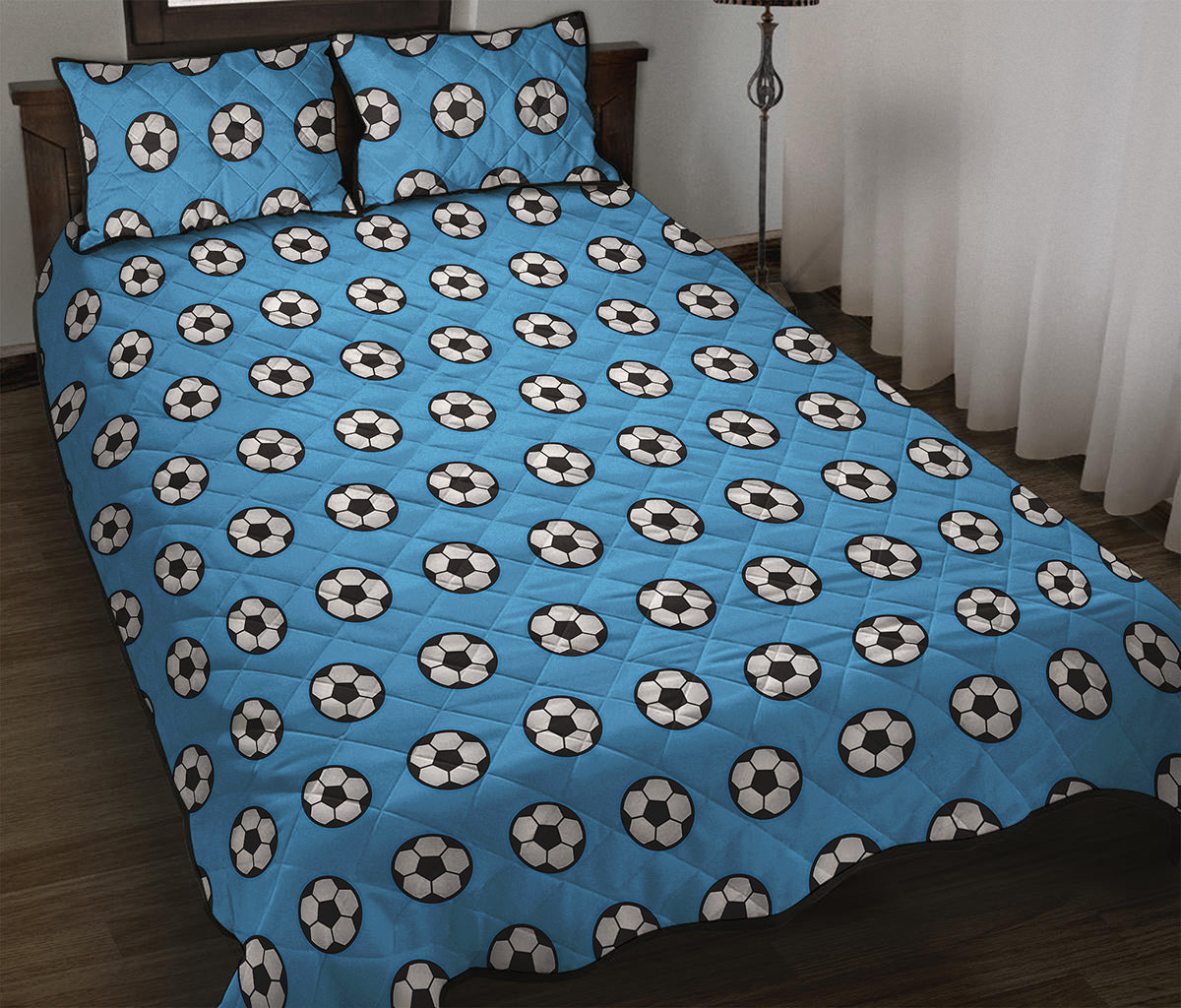 Blue Soccer Ball Pattern Print Quilt Bed Set