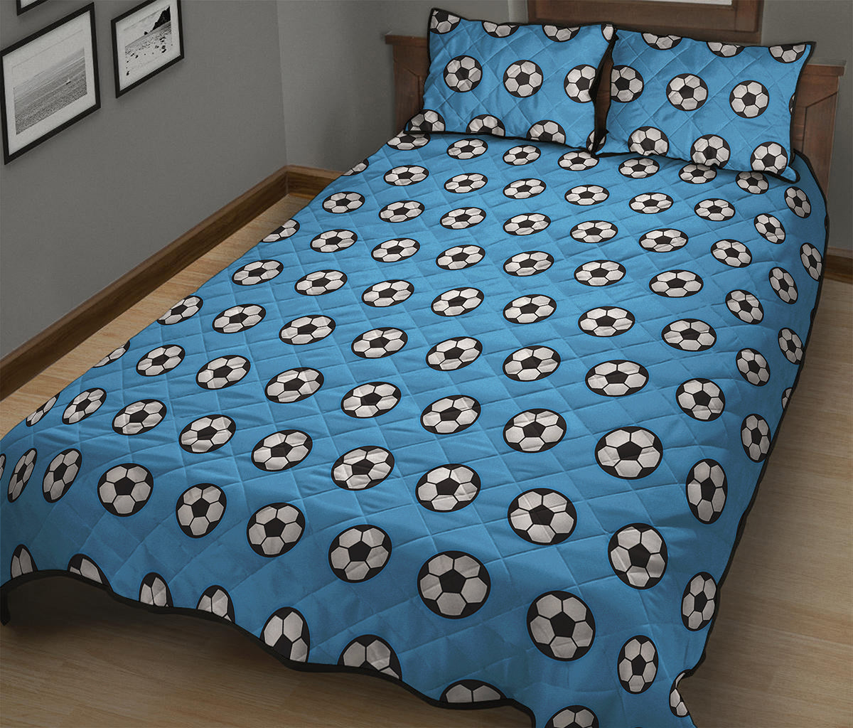 Blue Soccer Ball Pattern Print Quilt Bed Set