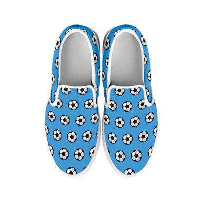 Blue Soccer Ball Pattern Print White Slip On Shoes