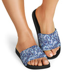 Blue Spring Butterfly Pattern Print Black Slide Sandals