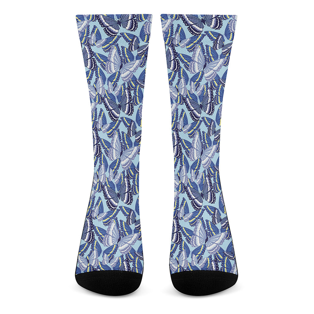 Blue Spring Butterfly Pattern Print Crew Socks