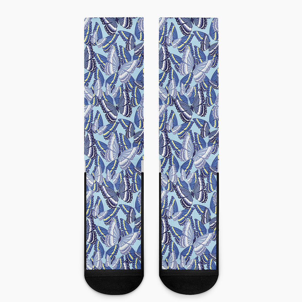 Blue Spring Butterfly Pattern Print Crew Socks