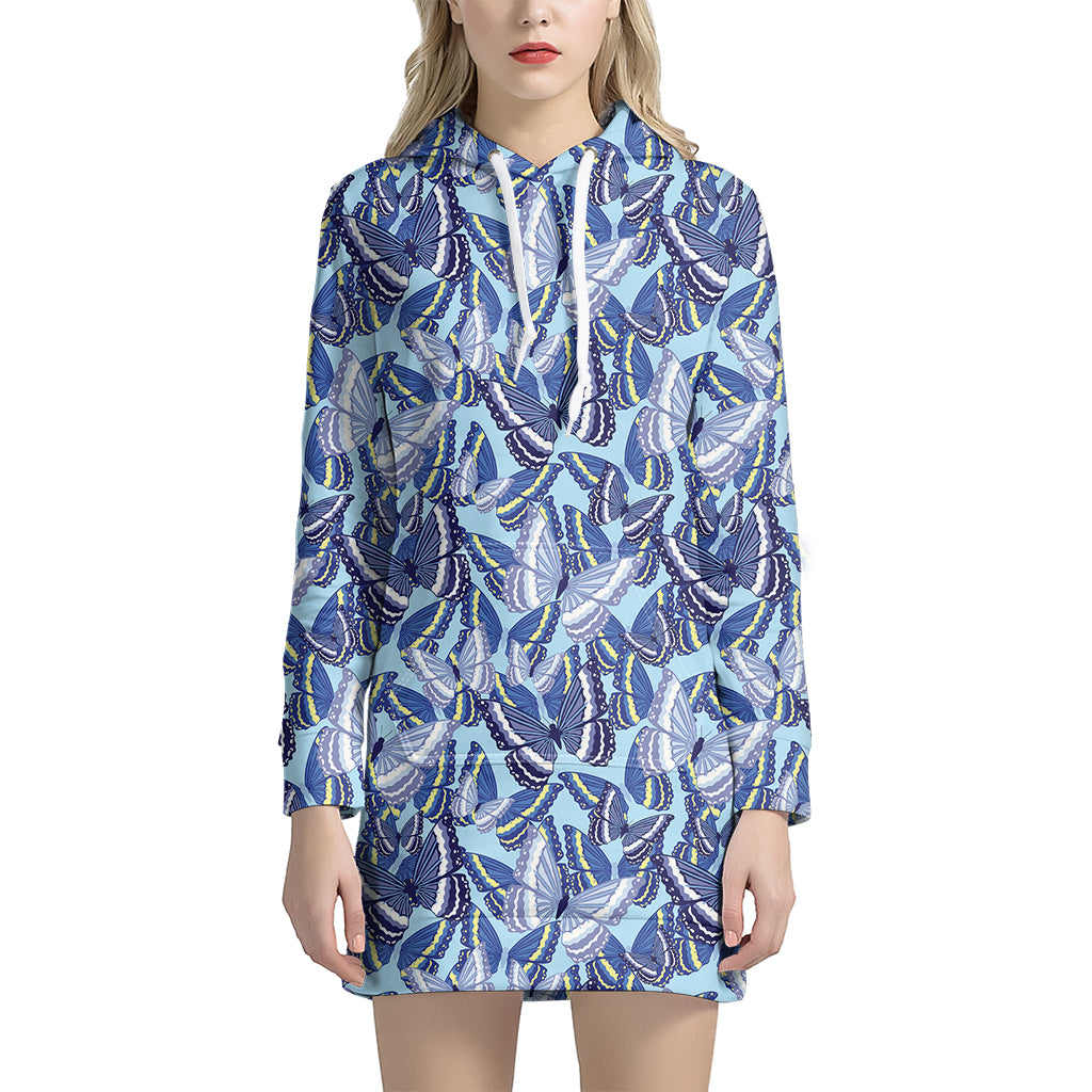 Blue Spring Butterfly Pattern Print Hoodie Dress