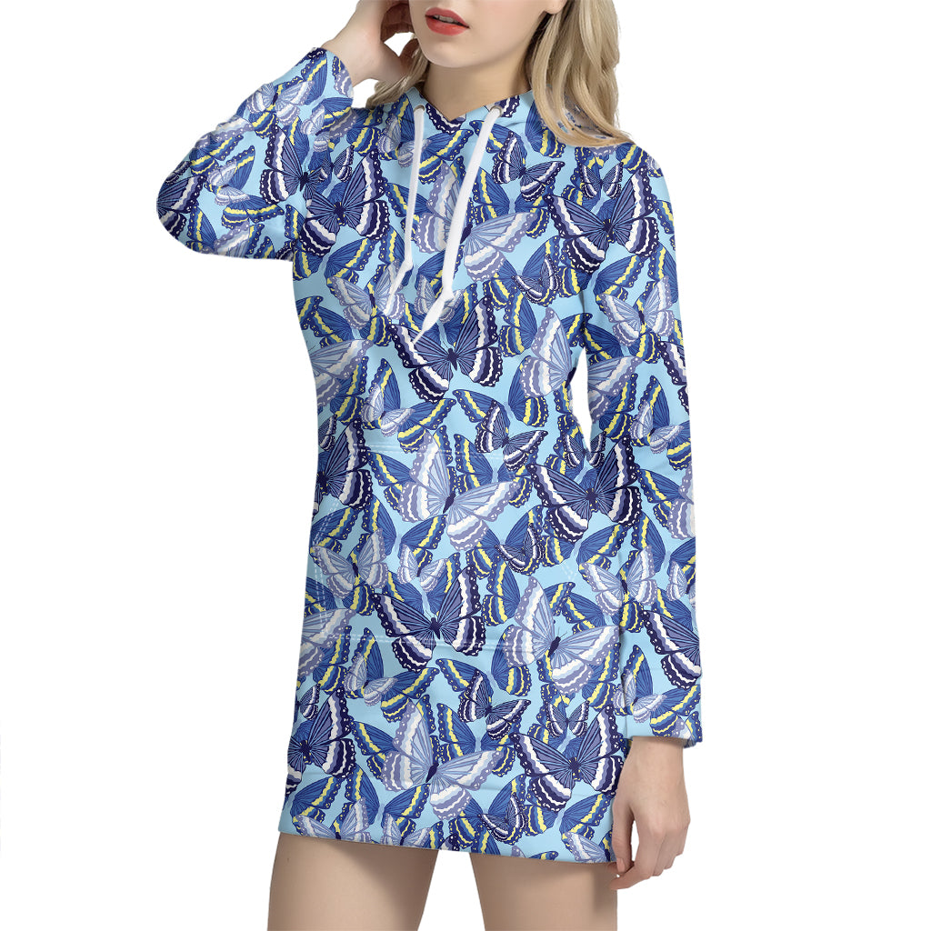 Blue Spring Butterfly Pattern Print Hoodie Dress