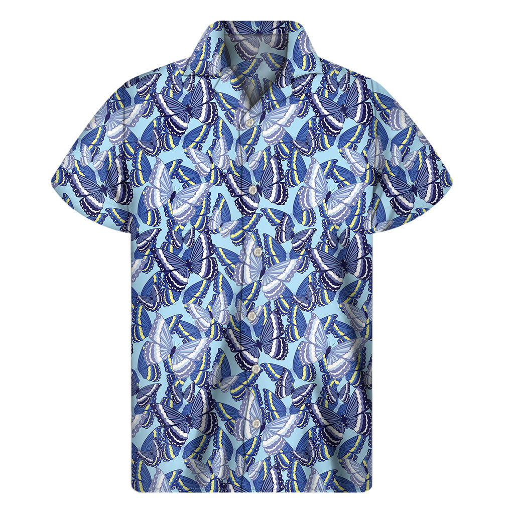 Blue Spring Butterfly Pattern Print Men's Short Sleeve Shirt