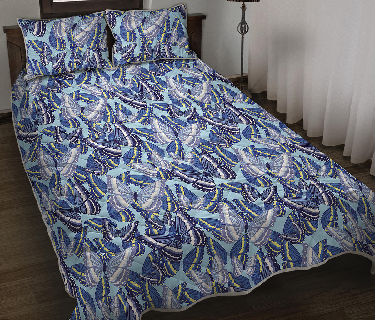 Blue Spring Butterfly Pattern Print Quilt Bed Set
