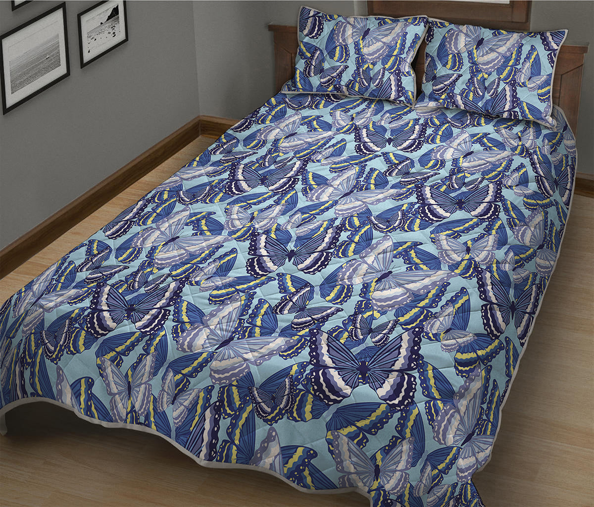 Blue Spring Butterfly Pattern Print Quilt Bed Set