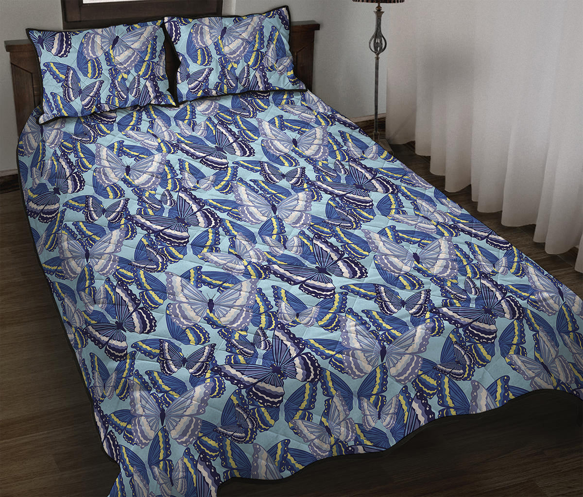 Blue Spring Butterfly Pattern Print Quilt Bed Set