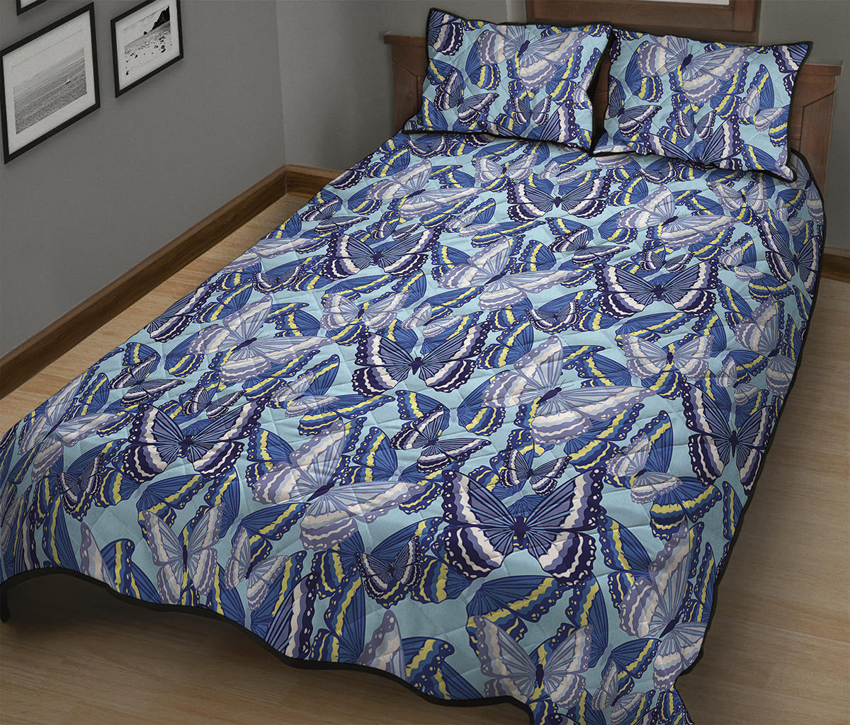 Blue Spring Butterfly Pattern Print Quilt Bed Set
