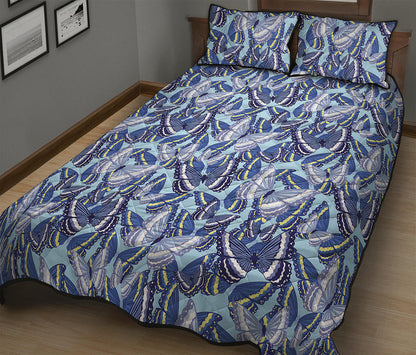 Blue Spring Butterfly Pattern Print Quilt Bed Set