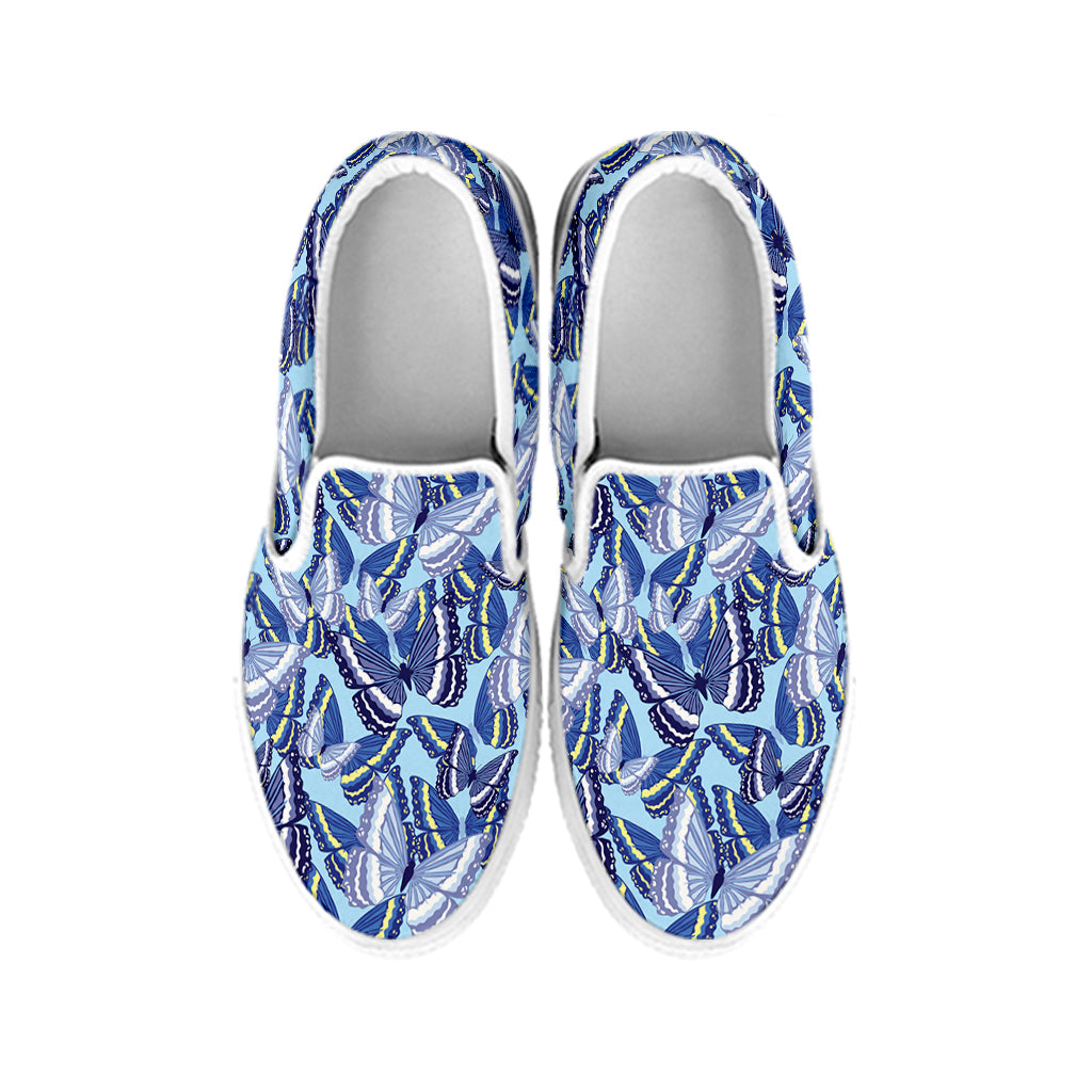 Blue Spring Butterfly Pattern Print White Slip On Shoes