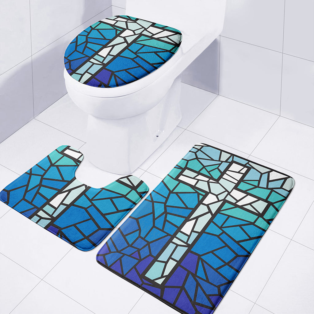 Blue Stained Glass Cross Print 3 Piece Bath Mat Set