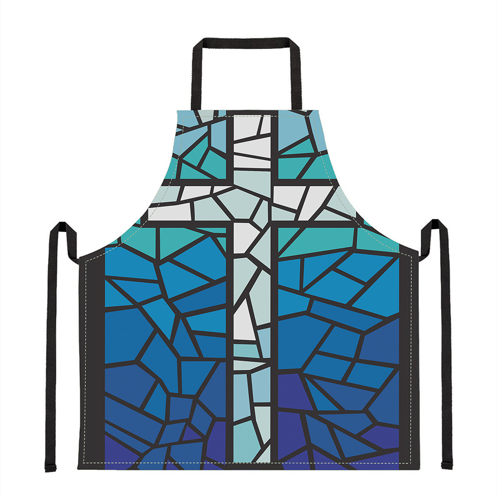 Blue Stained Glass Cross Print Apron