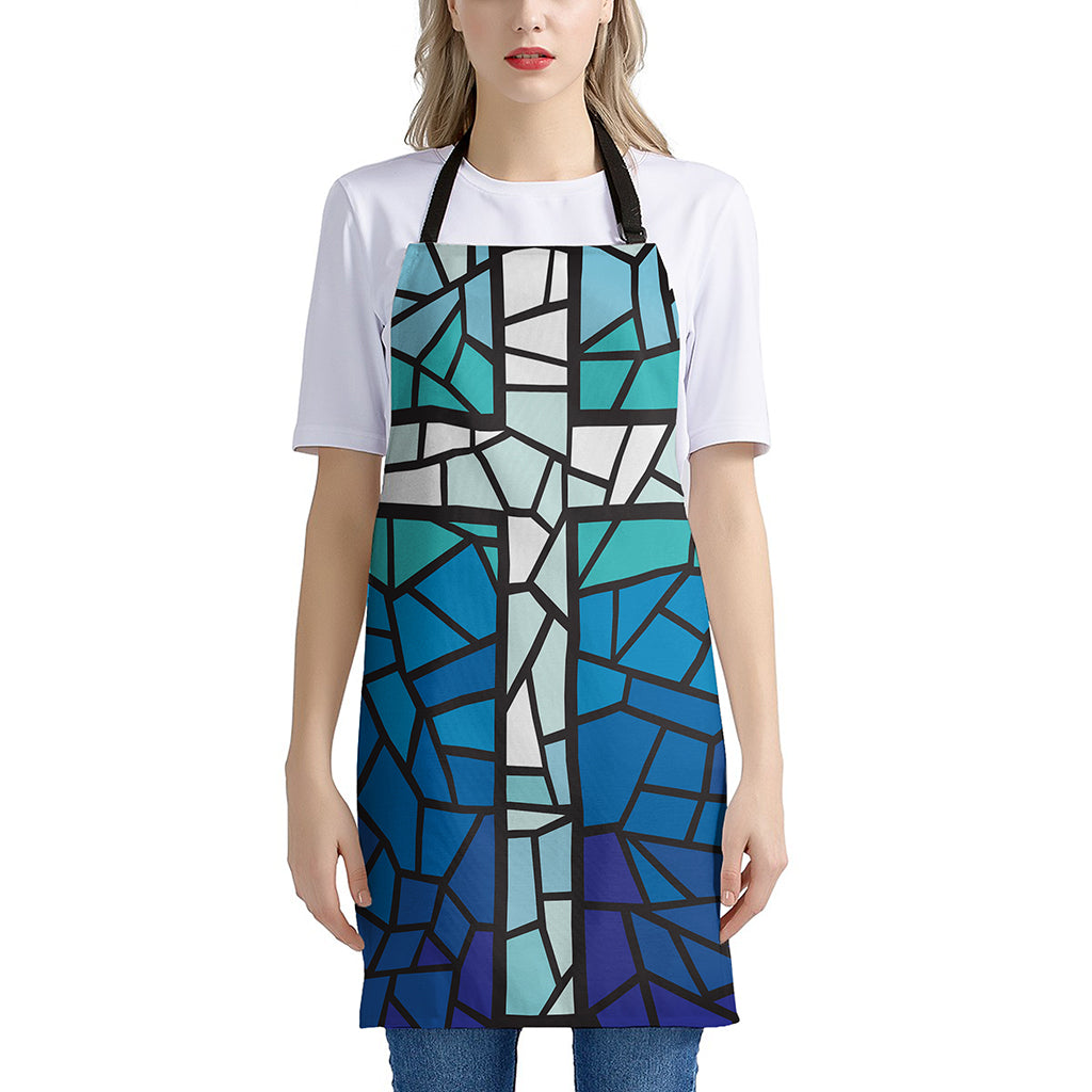 Blue Stained Glass Cross Print Apron