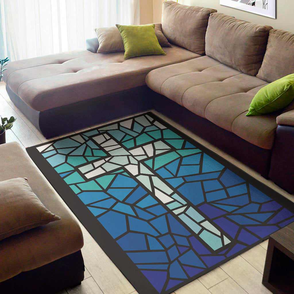 Blue Stained Glass Cross Print Area Rug