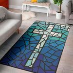 Blue Stained Glass Cross Print Area Rug