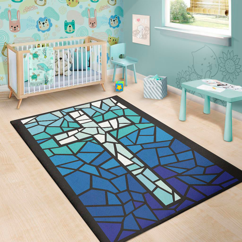 Blue Stained Glass Cross Print Area Rug