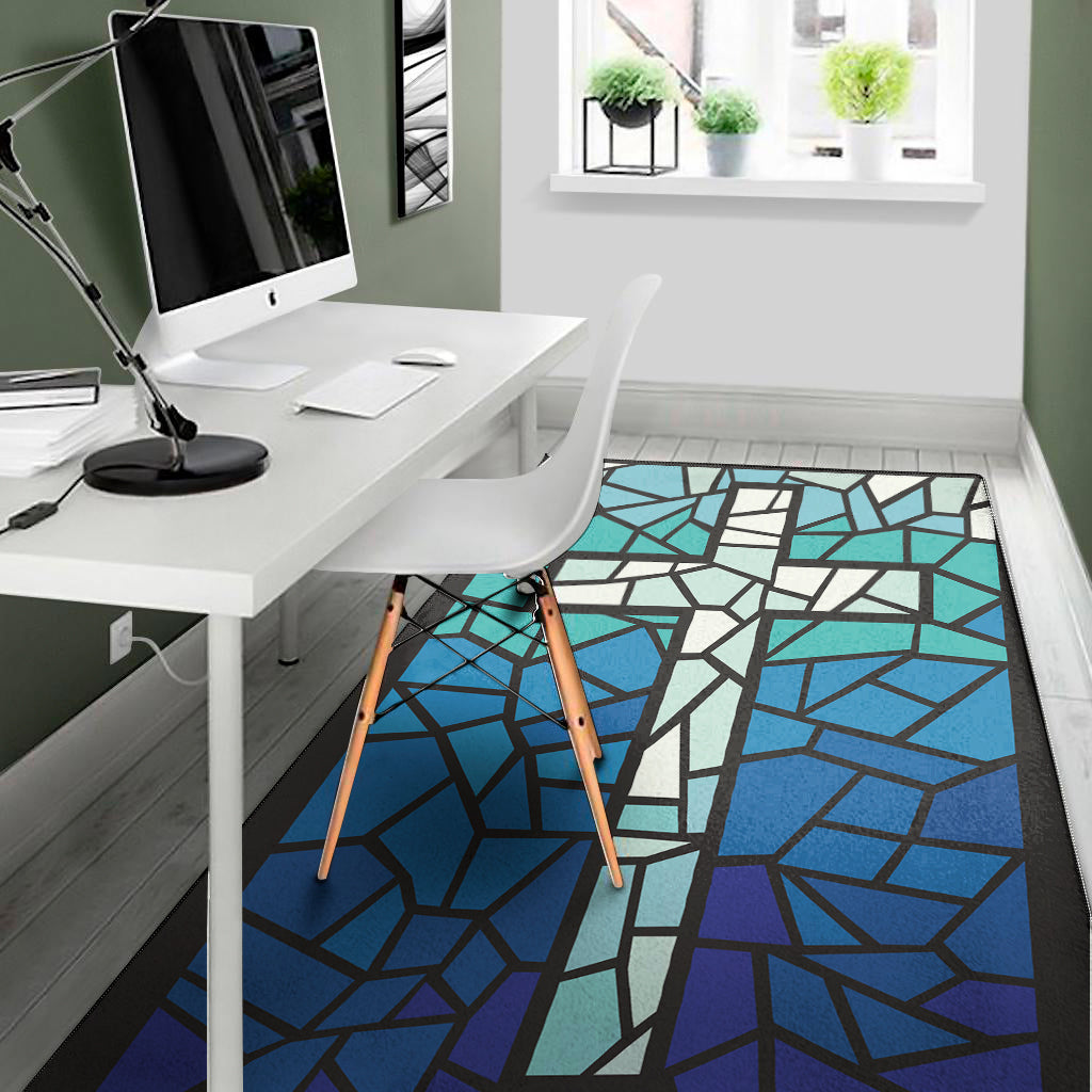 Blue Stained Glass Cross Print Area Rug