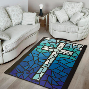 Blue Stained Glass Cross Print Area Rug