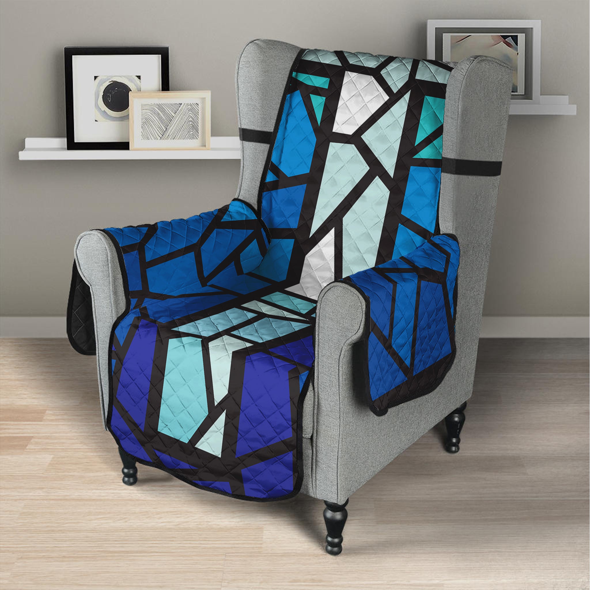 Blue Stained Glass Cross Print Armchair Protector