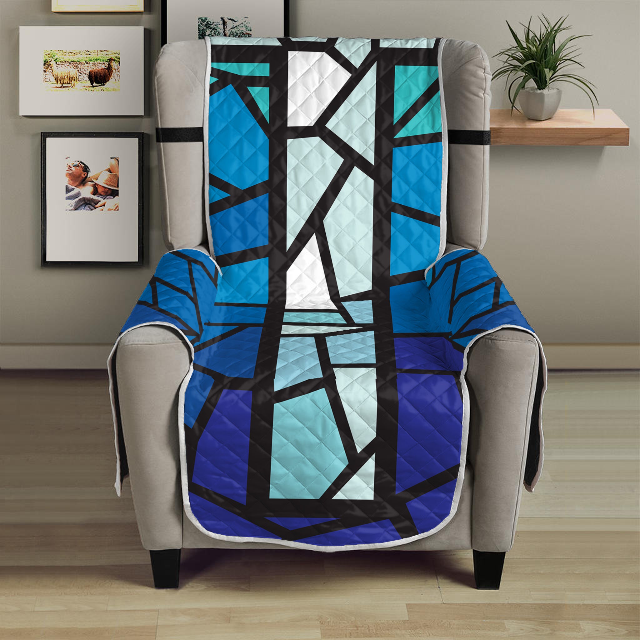 Blue Stained Glass Cross Print Armchair Protector