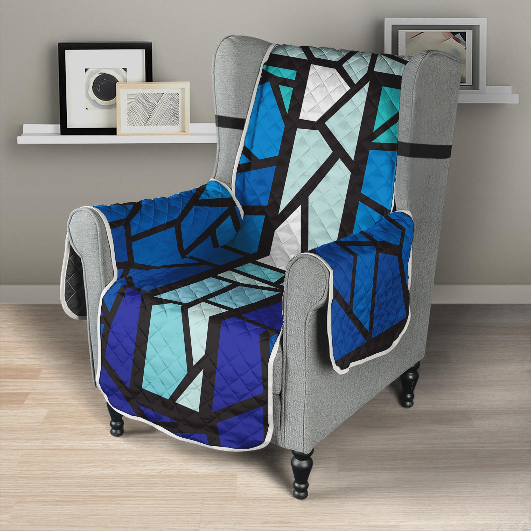 Blue Stained Glass Cross Print Armchair Protector