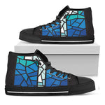 Blue Stained Glass Cross Print Black High Top Shoes