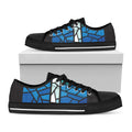 Blue Stained Glass Cross Print Black Low Top Sneakers