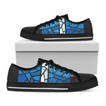 Blue Stained Glass Cross Print Black Low Top Shoes 