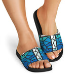 Blue Stained Glass Cross Print Black Slide Sandals