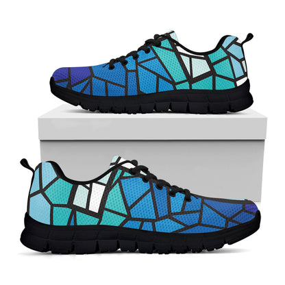 Blue Stained Glass Cross Print Black Sneakers
