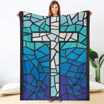 Blue Stained Glass Cross Print Blanket