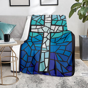 Blue Stained Glass Cross Print Blanket