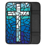 Blue Stained Glass Cross Print Car Center Console Cover