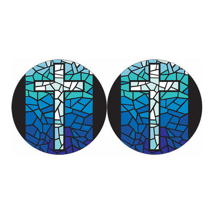 Blue Stained Glass Cross Print Car Coasters